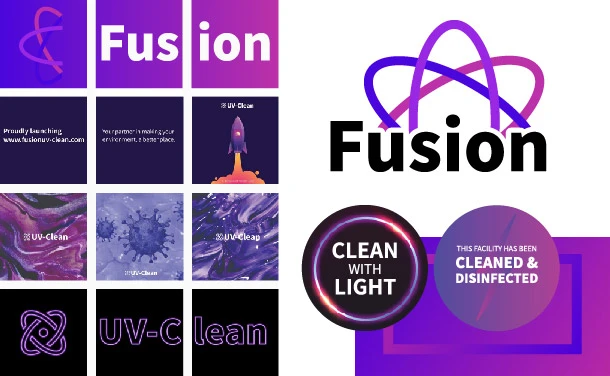 Création de l'identité, des stickers et des visuels des réseaux sociaux pour Fusion UV-C Clean — entreprise de nettoyage - Raphaëlle Moreau communication & évènementiel externalisée pays de Lorient