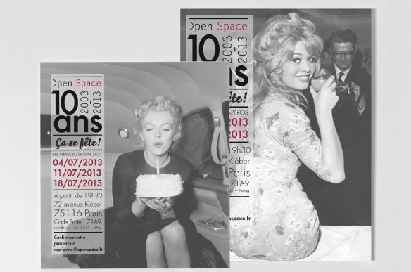 Création des affiches et cartes d'invitation pour l'événement des 10 ans d'Open Space, agence de relations presse - Raphaëlle Moreau communication & évènementiel externalisée pays de Lorient