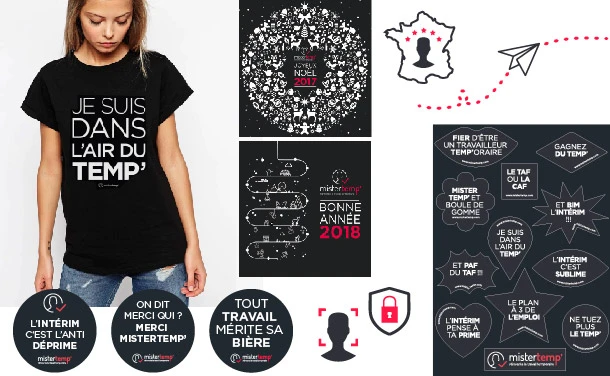 Création des cartes de vœux, des visuels, des goodies, des stickers, T-shirts floqués pour Mister Temp' - Raphaëlle Moreau communication & évènementiel externalisée pays de Lorient